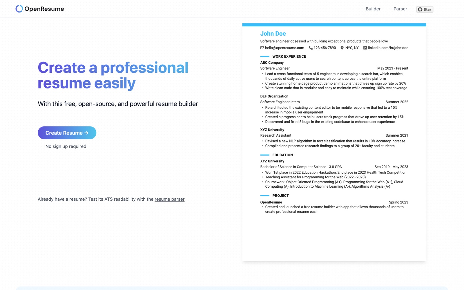 OpenResume's homepage, with a sample resume beside the Create Resume button