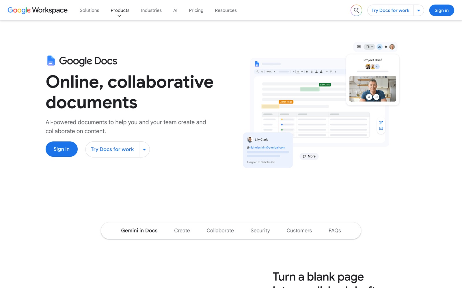 The Google Docs product page on Google Workspace