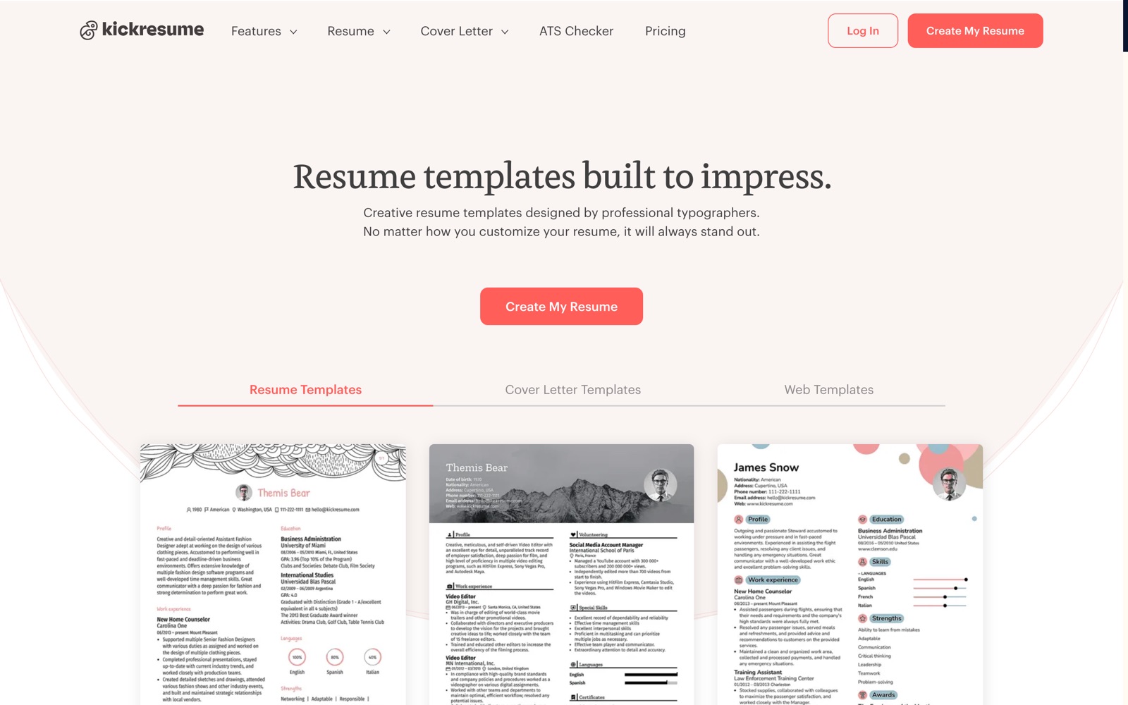 Kickresume's resume templates page, with three sample templates