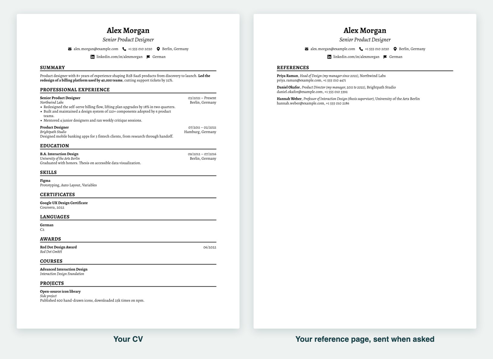 A resume and a matching reference page side by side. Both have the same header with the name Alex Morgan and contact details. The reference page lists three fictional references with job title, how they know the candidate, organisation, email and phone.