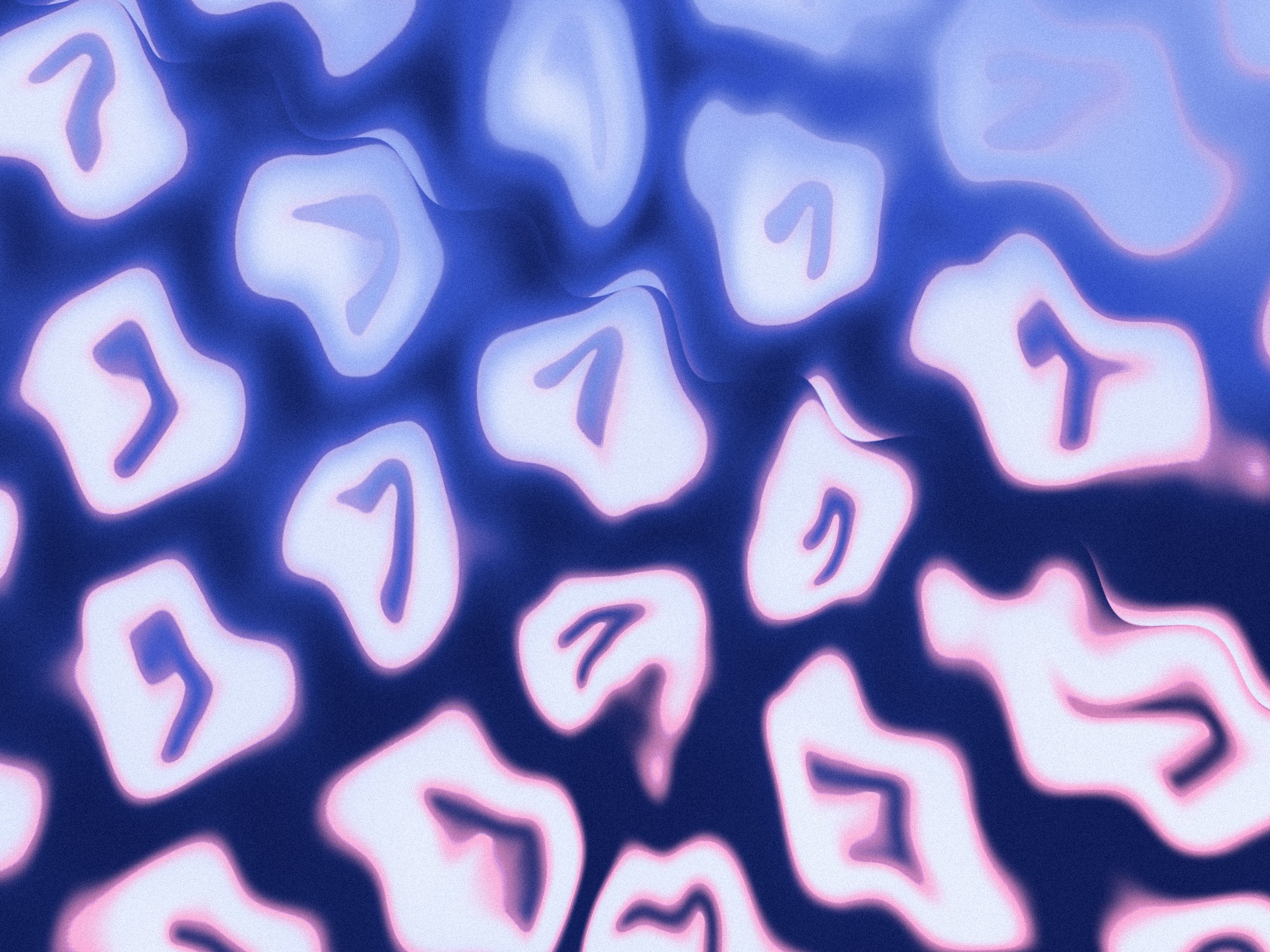 Rows of the OneCV logo warped as if seen through rippled glass, in white and pink on deep blue