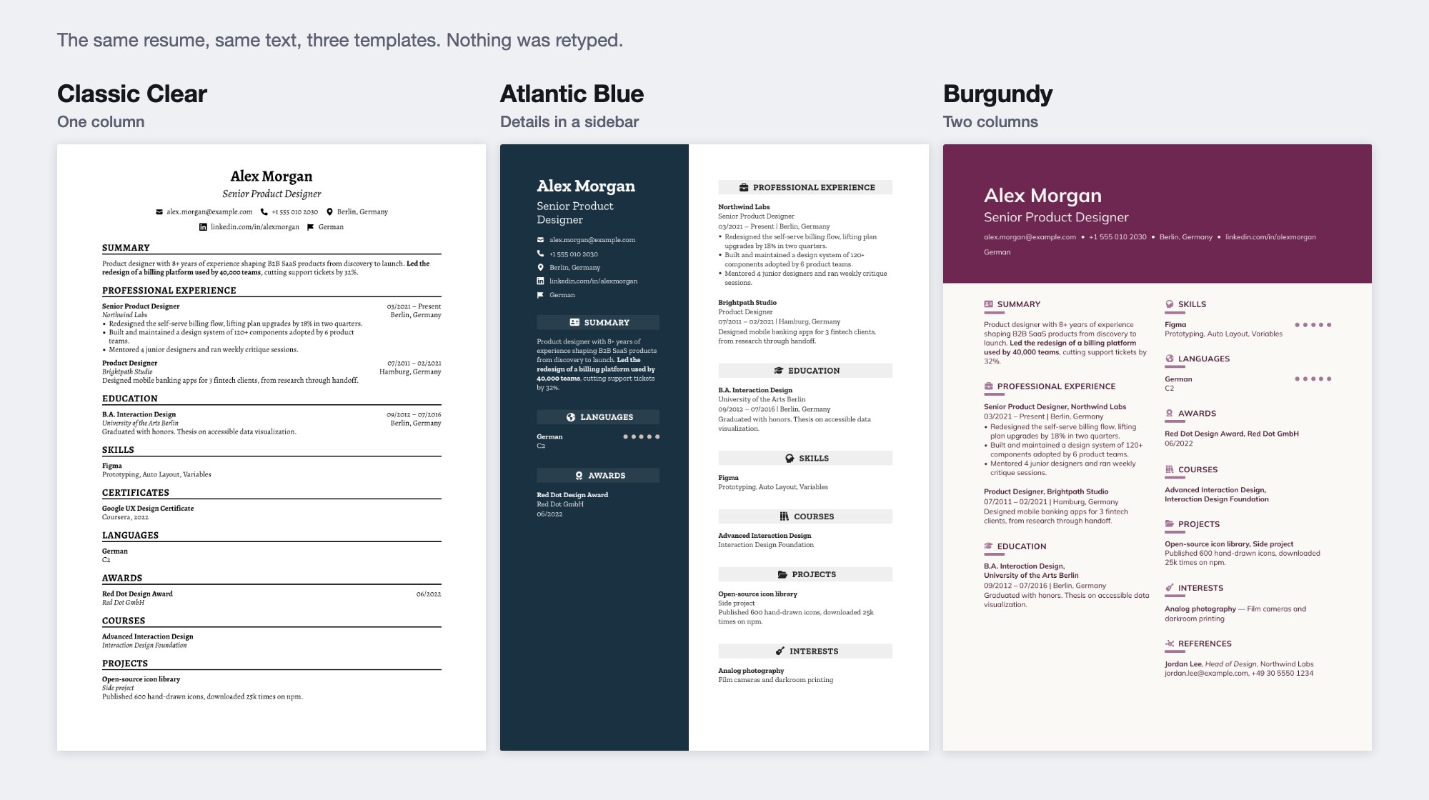 The same sample resume in three templates side by side: Classic Clear in one column, Atlantic Blue with contact details in a dark sidebar, and Burgundy with two columns under a colored header. The text is identical in all three.