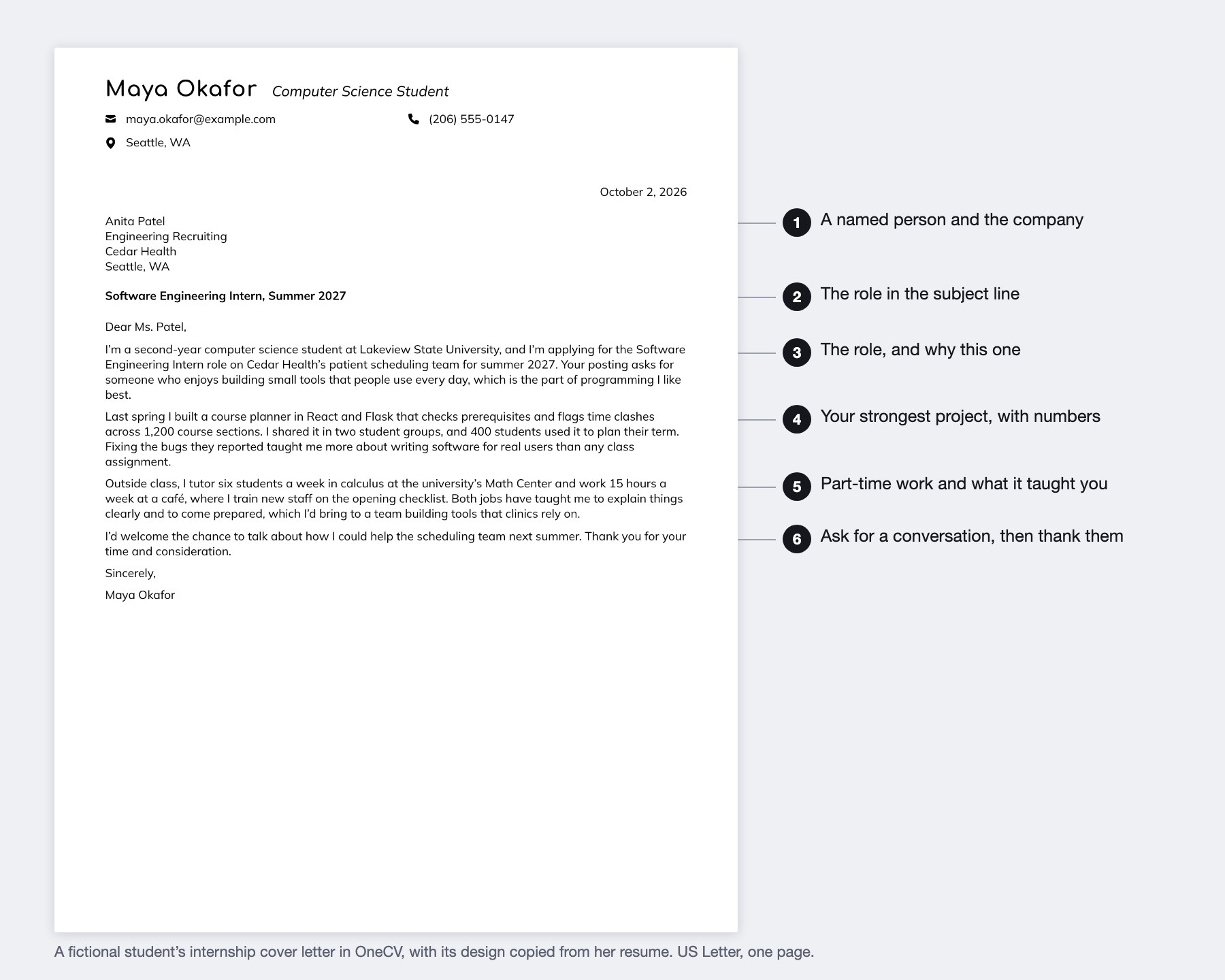 A one-page internship cover letter from a fictional computer science student, Maya Okafor, to Anita Patel at Cedar Health, with six numbered notes. 1, a named recipient and company. 2, the role in a subject line. 3, an opening that names the role and why she wants it. 4, a paragraph on her strongest project with numbers. 5, a paragraph on part-time work and what it taught her. 6, a close that asks for a conversation and thanks the reader.