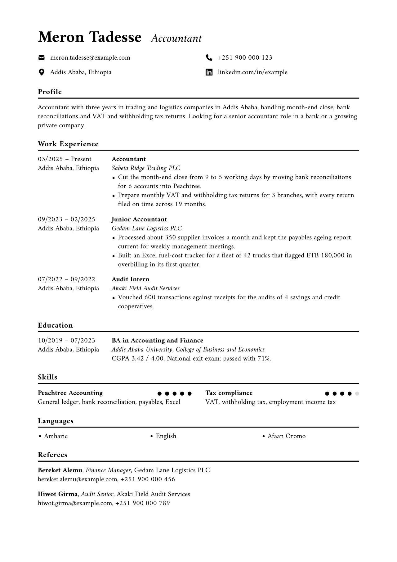 Example CV for Meron Tadesse, an accountant in Addis Ababa, in the Executive template. The header shows email, phone, city and LinkedIn with no photo. Sections are Profile, Work Experience with three jobs, Education with a BA in Accounting and Finance showing CGPA and exit exam result, Skills, Languages (Amharic, English, Afaan Oromo), Certificates and two referees.
