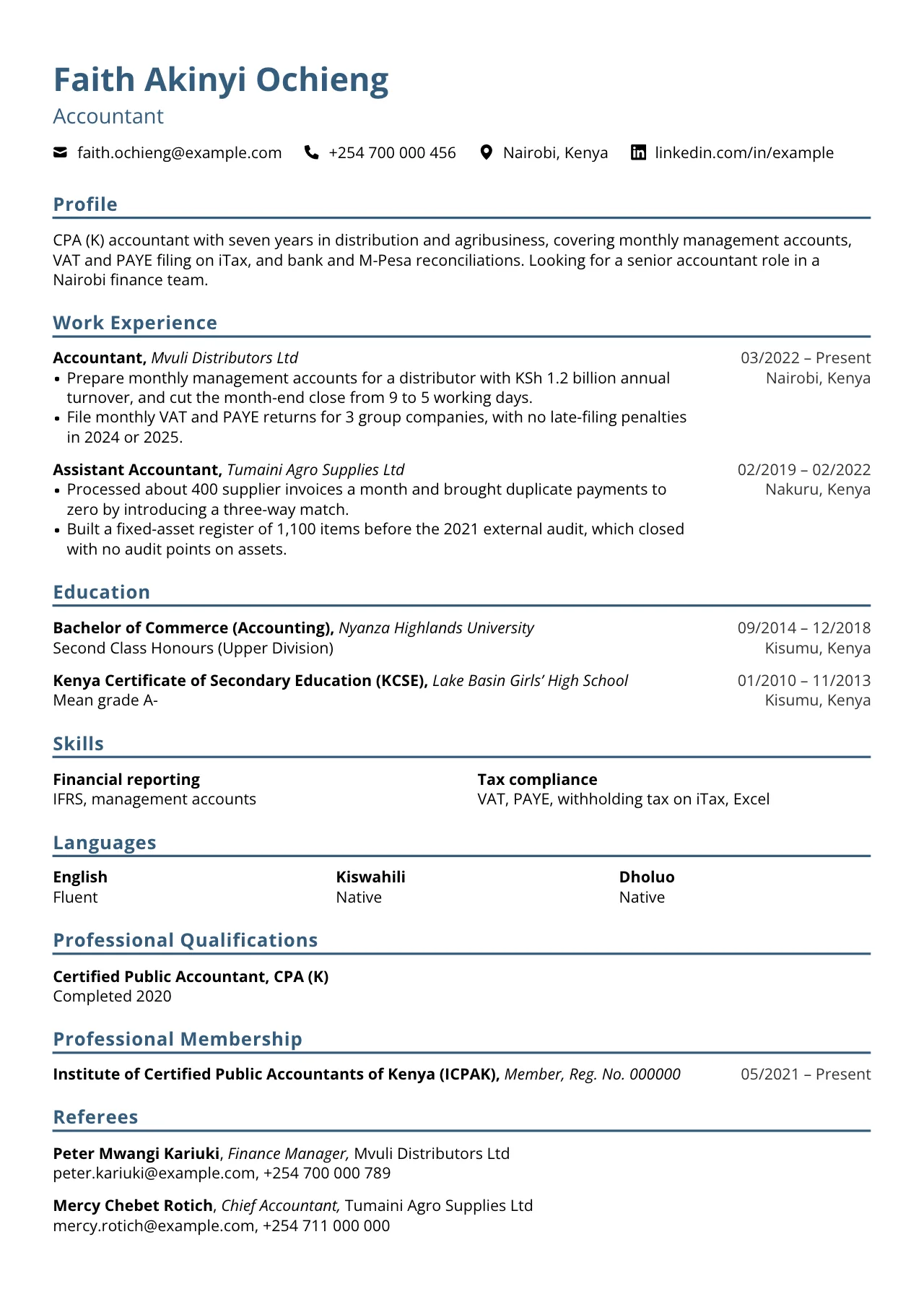 Example Kenyan CV for Faith Akinyi Ochieng, an accountant in Nairobi, in a one-column layout with no photo. It shows email, phone, town and LinkedIn, a profile, two jobs, a BCom with a KCSE grade below it, skills, languages, CPA (K), ICPAK membership and two referees.