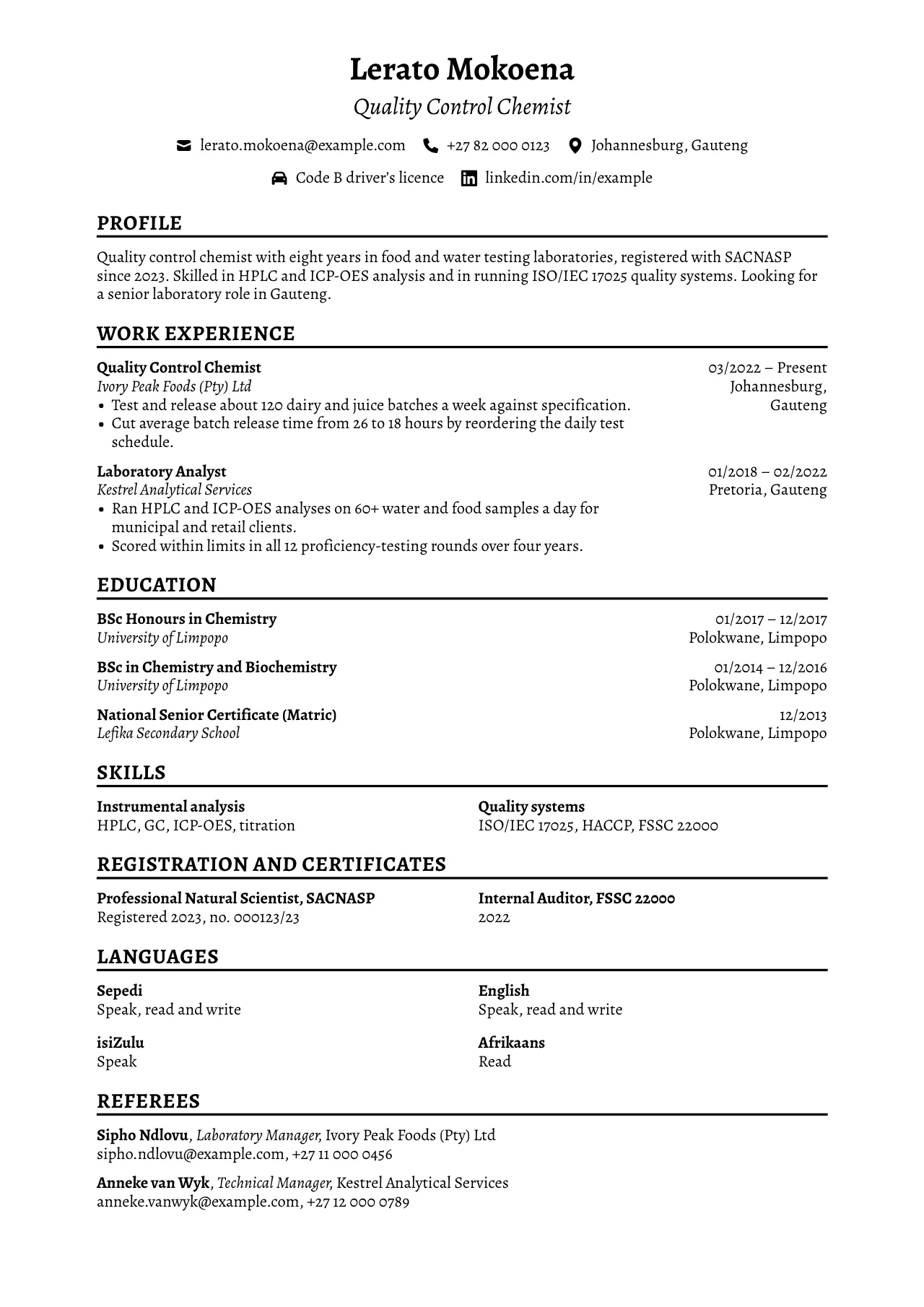 Example South African CV for Lerato Mokoena, Quality Control Chemist in Johannesburg, Gauteng. The header shows email, mobile number, city and province and a Code B driver’s licence, followed by a profile, work experience, education with the National Senior Certificate, skills, SACNASP registration, languages with levels and two referees.