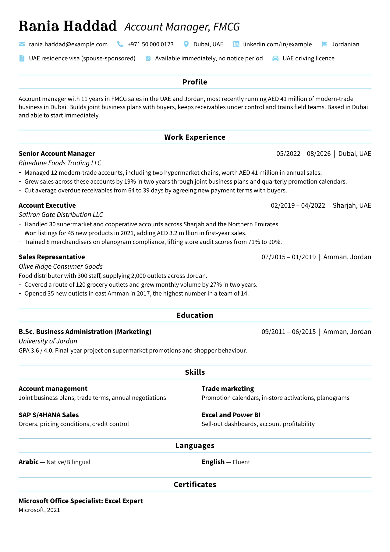 Example UAE CV for Rania Haddad, a fictional account manager in Dubai. The header lists email, a +971 phone number, Dubai, UAE, LinkedIn, Jordanian nationality, a spouse-sponsored UAE residence visa, immediate availability and a UAE driving licence, followed by Profile, Work Experience, Education, Skills, Languages (Arabic and English) and Certificates. There is no photo.
