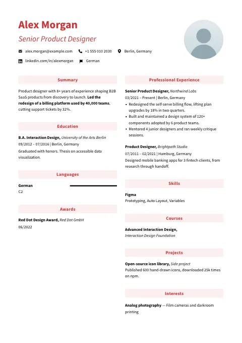 The Accentuated Red resume template, filled in with a sample resume and a placeholder photo