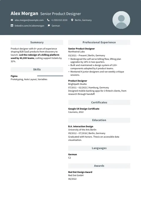 The Evergreen Slate resume template, filled in with a sample resume and a placeholder photo