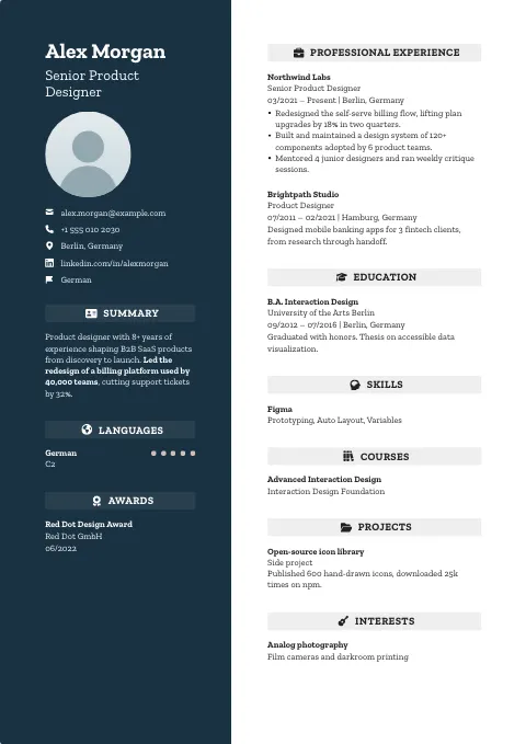 The Atlantic Blue resume template, filled in with a sample resume and a placeholder photo