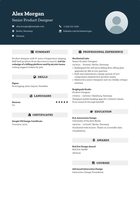 The Atlantic Crest resume template, filled in with a sample resume and a placeholder photo