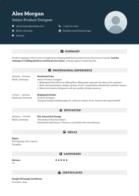 The Atlantic Horizon resume template, filled in with a sample resume and a placeholder photo