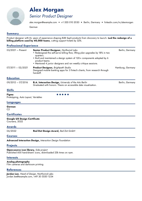 The Azure Line resume template, filled in with a sample resume and a placeholder photo