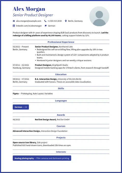 The Blue Classic resume template, filled in with a sample resume and a placeholder photo