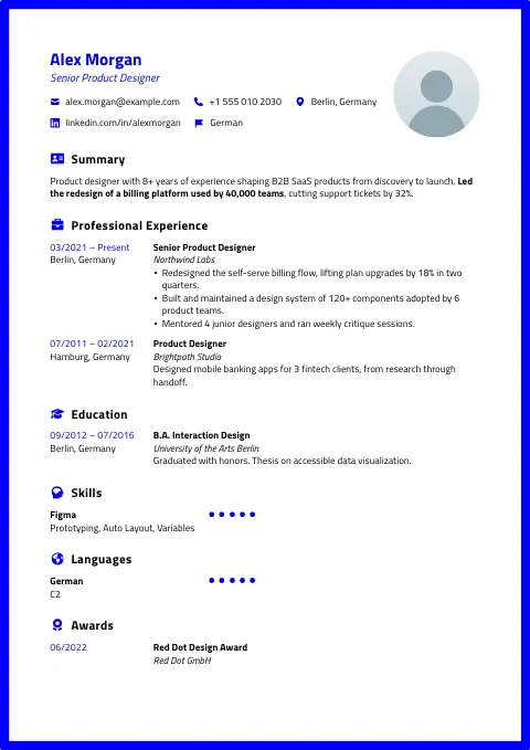 The Blue Neon resume template, filled in with a sample resume and a placeholder photo