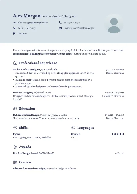 The Blue Steel resume template, filled in with a sample resume and a placeholder photo