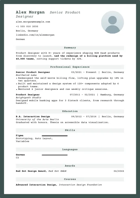 The Green Frame resume template, filled in with a sample resume and a placeholder photo