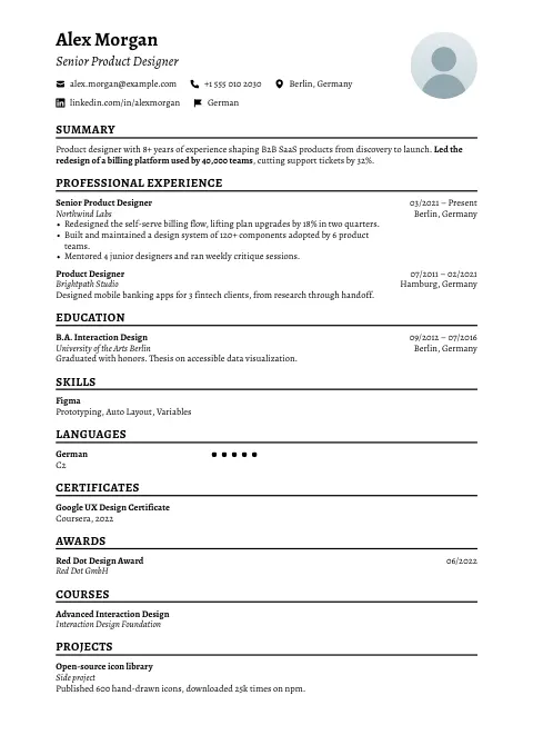 The Classic Portrait resume template, filled in with a sample resume and a placeholder photo