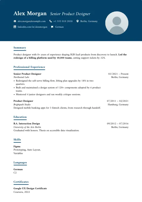 The Cobalt Edge resume template, filled in with a sample resume and a placeholder photo