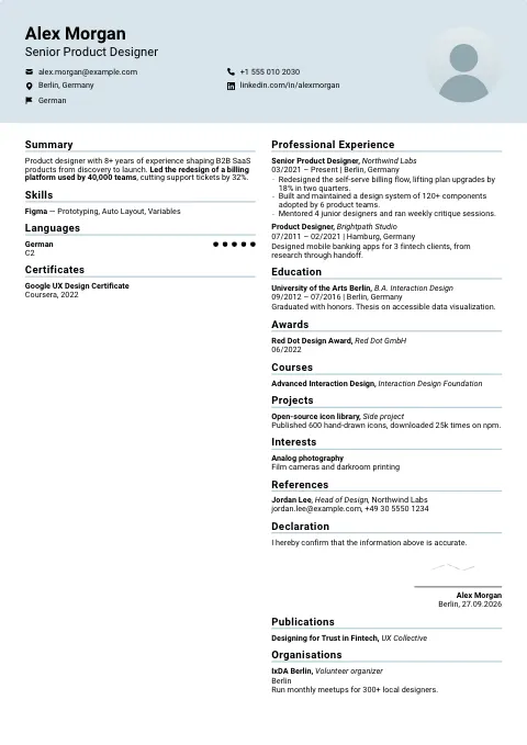 The Confident Grid resume template, filled in with a sample resume and a placeholder photo