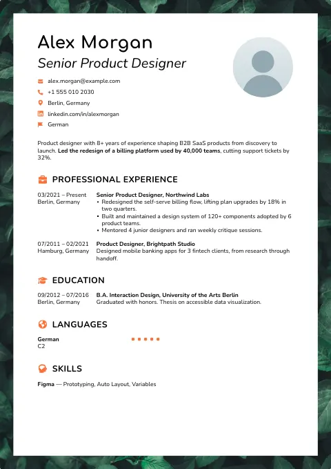 The Happy resume template, filled in with a sample resume and a placeholder photo