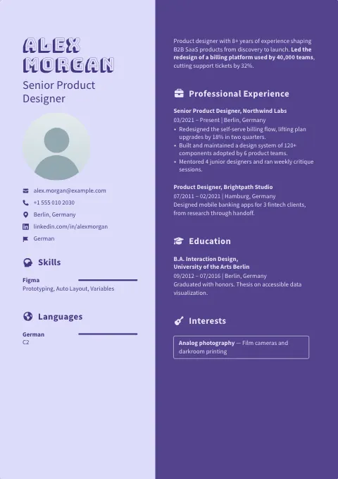 The Space resume template, filled in with a sample resume and a placeholder photo