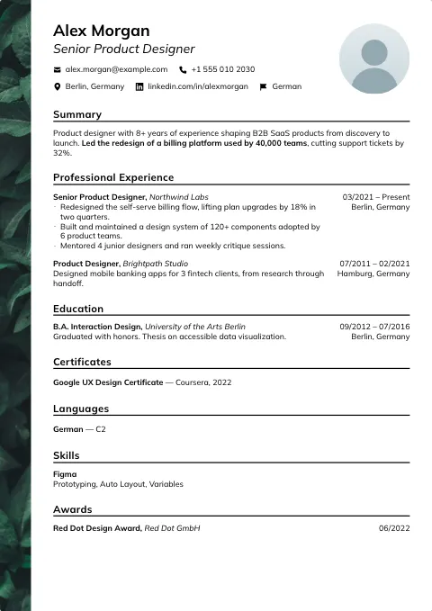 The Leaves resume template, filled in with a sample resume and a placeholder photo