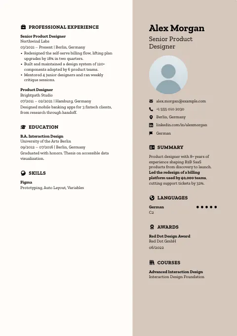 The Desert Rock resume template, filled in with a sample resume and a placeholder photo