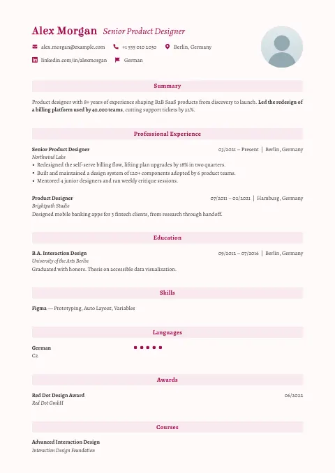 The Pastel resume template, filled in with a sample resume and a placeholder photo