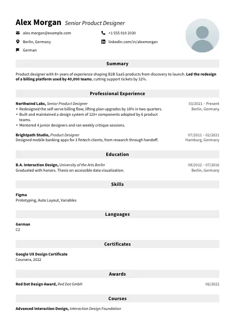 The Even Line resume template, filled in with a sample resume and a placeholder photo