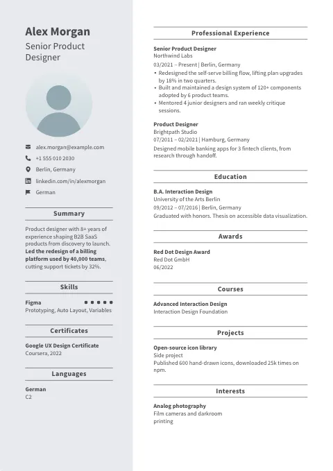 The Olive Ash resume template, filled in with a sample resume and a placeholder photo