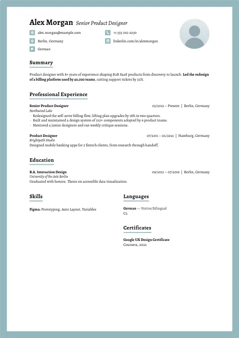 The Cyan Grey resume template, filled in with a sample resume and a placeholder photo
