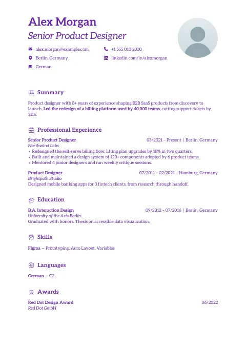 The Violetta resume template, filled in with a sample resume and a placeholder photo