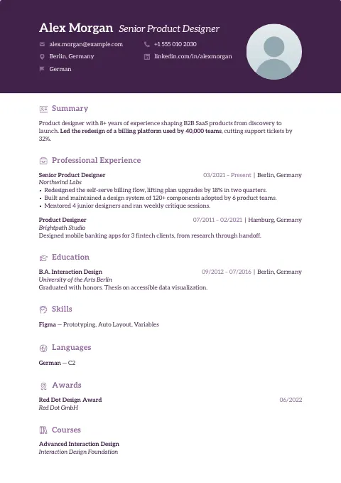 The Viola resume template, filled in with a sample resume and a placeholder photo
