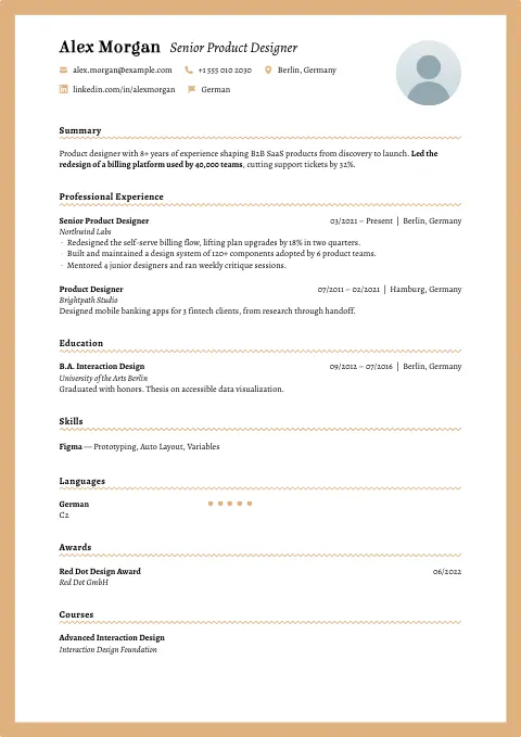The Gold resume template, filled in with a sample resume and a placeholder photo