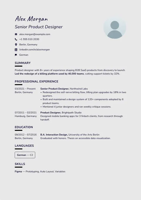 The Grey Goose resume template, filled in with a sample resume and a placeholder photo