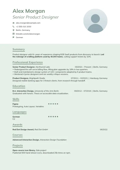 The Minty resume template, filled in with a sample resume and a placeholder photo