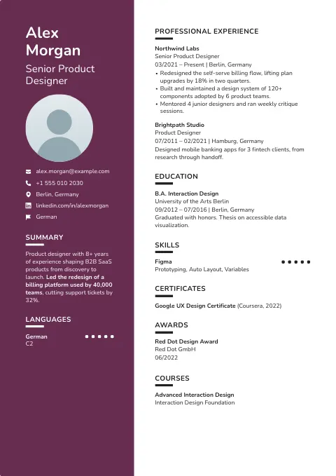 The Designer resume template, filled in with a sample resume and a placeholder photo