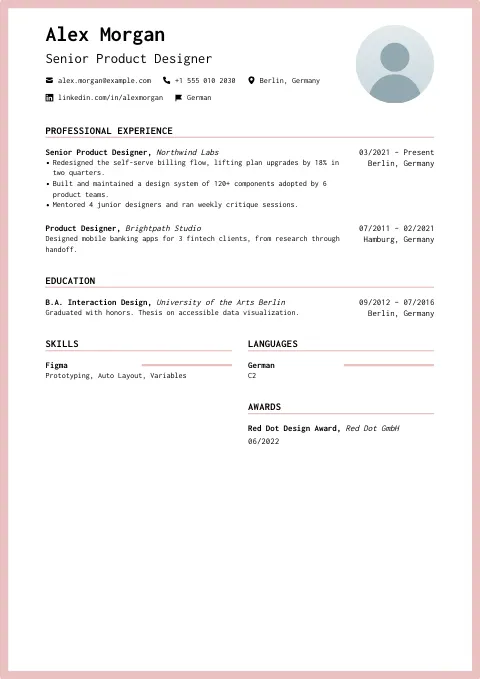 The Powder Blush resume template, filled in with a sample resume and a placeholder photo
