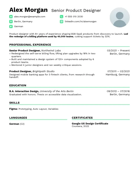 The Neon Green resume template, filled in with a sample resume and a placeholder photo