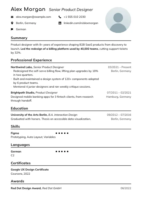 The Pure Baseline resume template, filled in with a sample resume and a placeholder photo