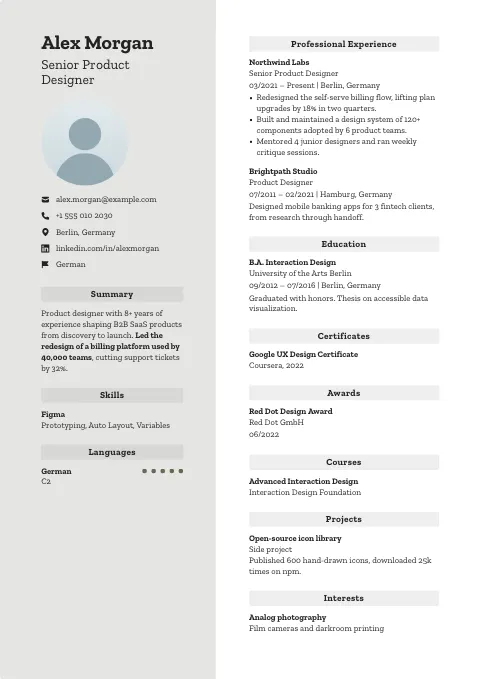 The Quicksilver resume template, filled in with a sample resume and a placeholder photo