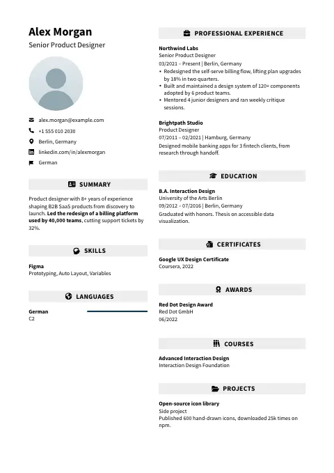 The Refined resume template, filled in with a sample resume and a placeholder photo