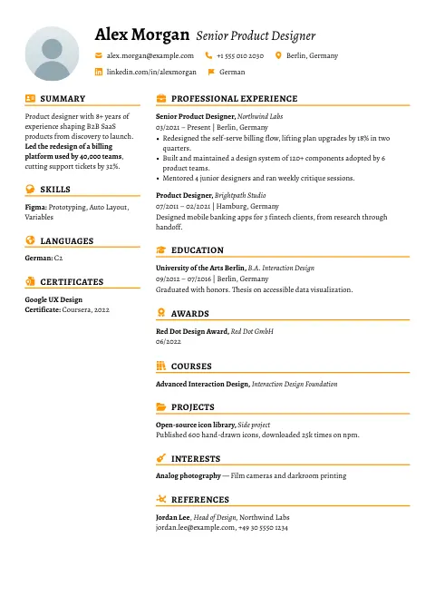 The Saffron Line resume template, filled in with a sample resume and a placeholder photo