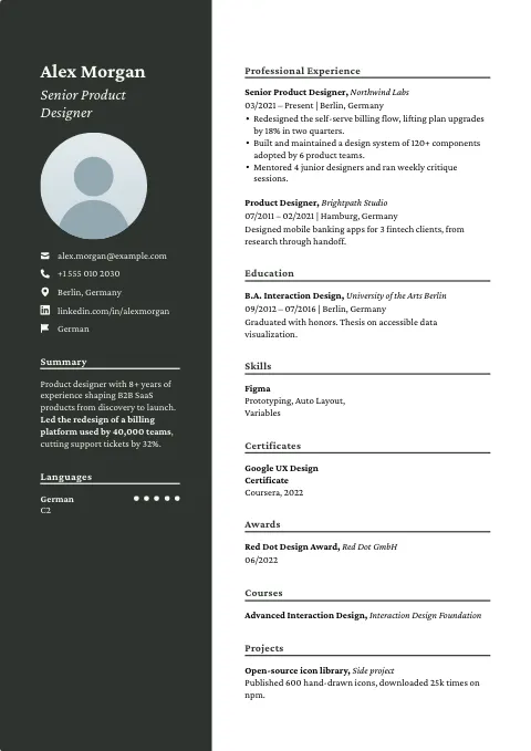 The Slate Focus resume template, filled in with a sample resume and a placeholder photo