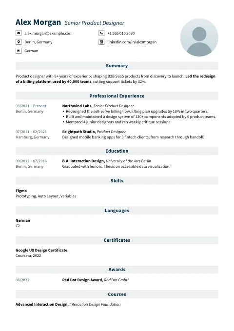 The Steady Form resume template, filled in with a sample resume and a placeholder photo