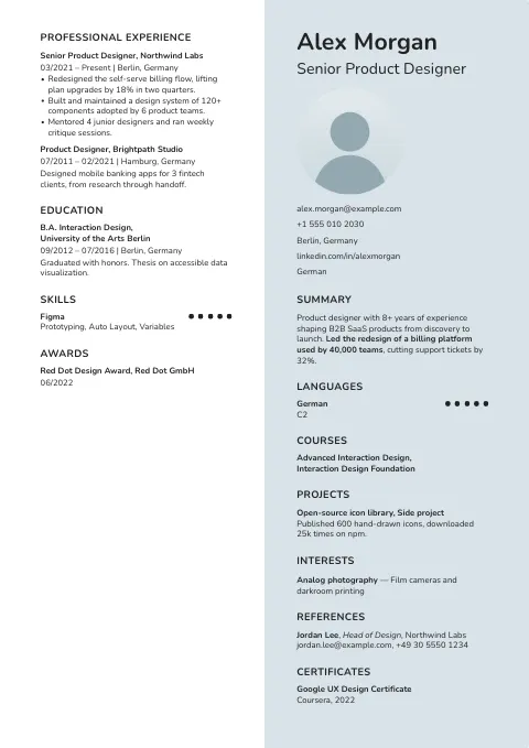 The Steel Grey resume template, filled in with a sample resume and a placeholder photo