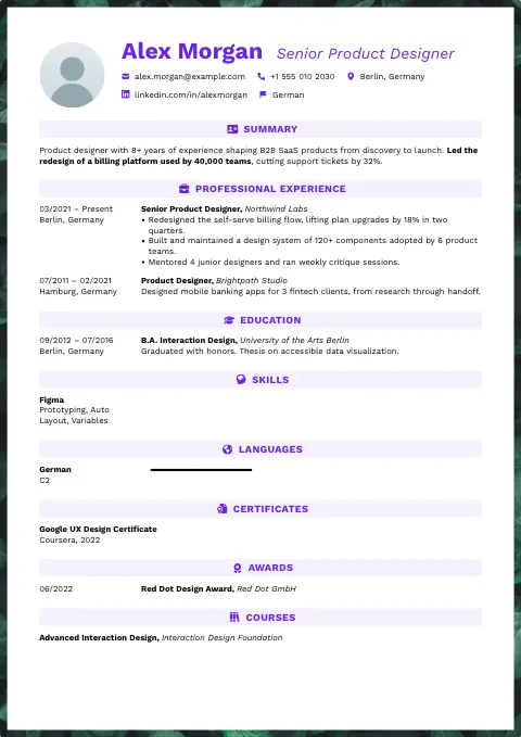 The Ultra Violet resume template, filled in with a sample resume and a placeholder photo