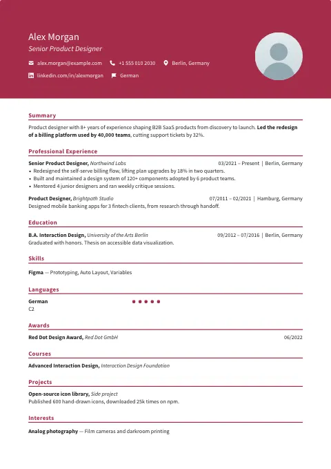 The Warrior Red resume template, filled in with a sample resume and a placeholder photo