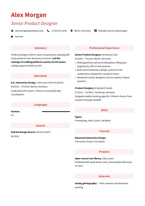 The Accentuated Red resume template, filled in with a sample resume